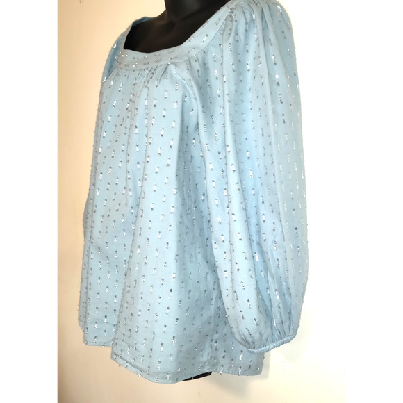 Lauren Conrad Pastel Blue Smock Top Sz L Silver Embellished Square Neck Boho - Picture 2 of 16